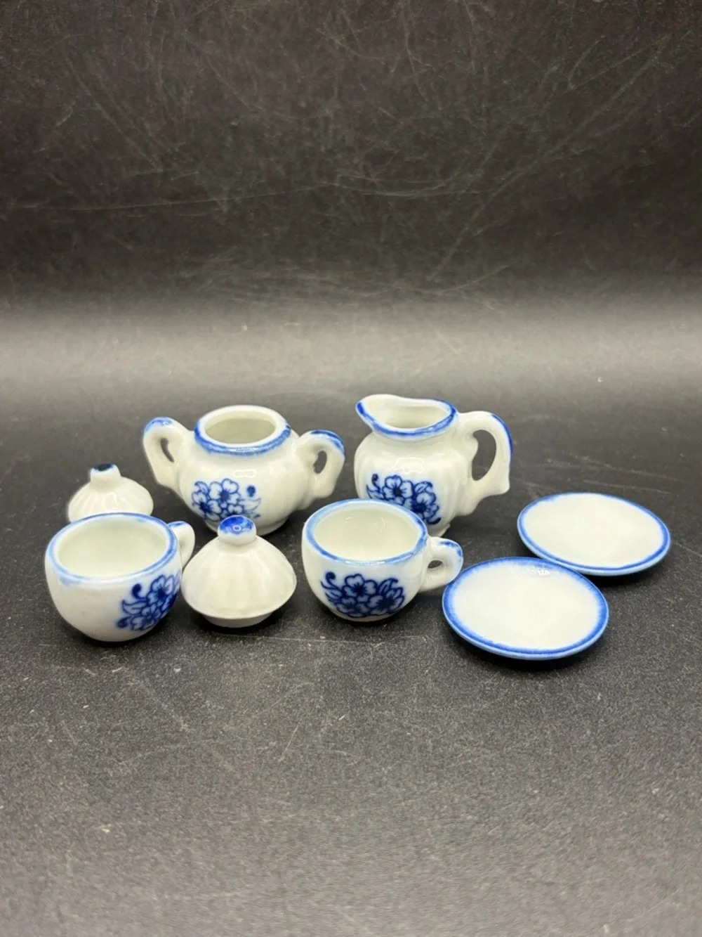 Vintage Miniature Mini Dollhouse Blue  White Porcelain Tea Set Accessories Cups+